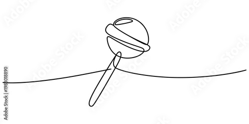 A single continuous line drawing of a round lollipop candy on a stick set on a plain white background