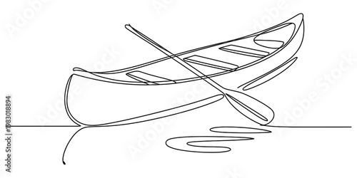 A single continuous line drawing illustration of a small wooden canoe with a paddle resting inside