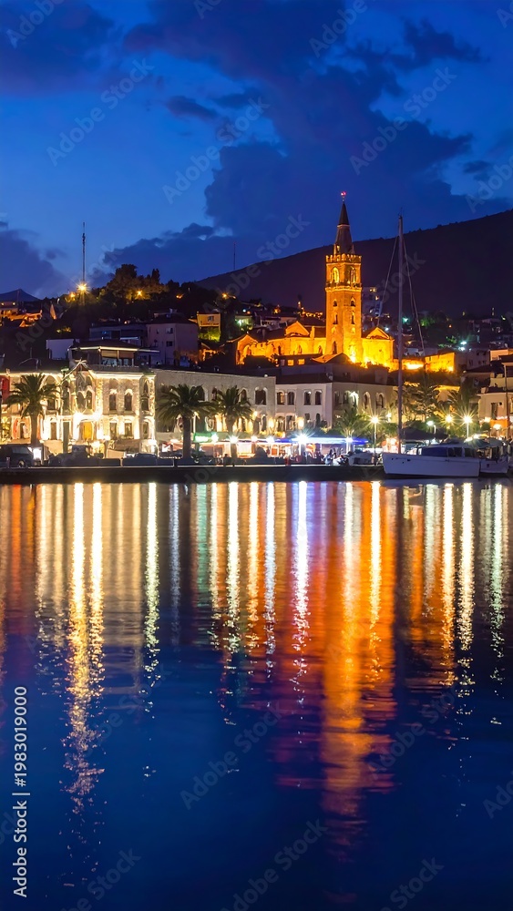 Obraz premium A serene waterfront cityscape at dusk with warm lights