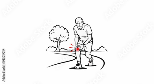 Older man in park with injured knee, red pain indicator