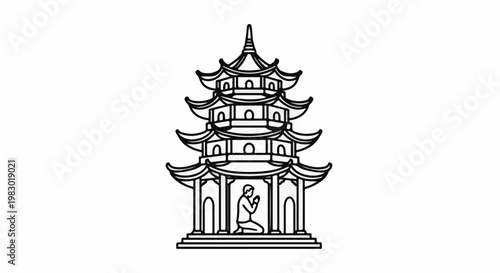 Outline of a multi-tiered traditional building with a person kneeling in prayer