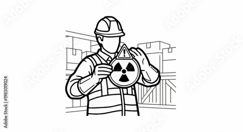 Person in hard hat and vest holds radiation warning sign with exclamation