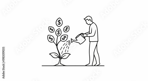 Person waters a money tree with dollar signs as fruit on a white background