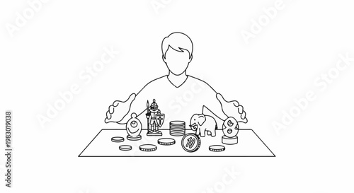 Person with hands outspread over table with objects, including a knight, elephant, and coins