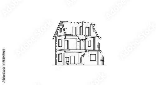 Schematic drawing of a collapsed, damaged building in black outline