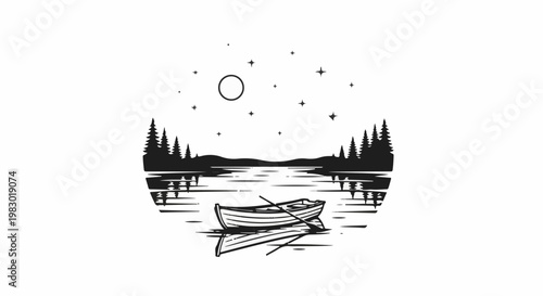 Serene nighttime scene of a rowboat on a lake under a starry sky