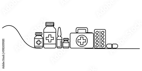 A minimalist black and white line art illustration showing various medical supplies and items