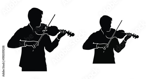 Two violinists playing black silhouette on transparent background