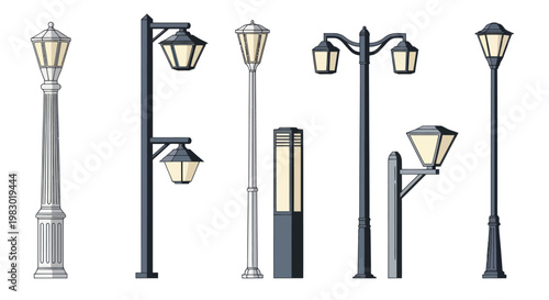 Set of various street lamps and outdoor lighting fixtures in cartoon style