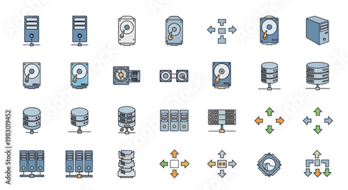 Collection of data storage and server technology icons.