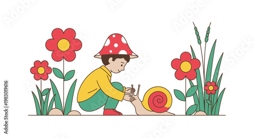 A curious boy wearing a mushroom hat gently interacts with a snail in a colorful garden.