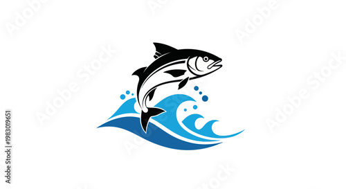Jumping fish logo over waves, suitable for fishing or aquatic themes.
