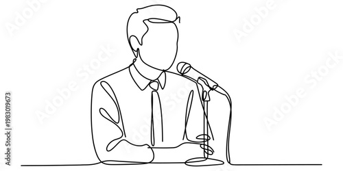 A single continuous line drawing of a man speaking into a microphone at a formal event or podium