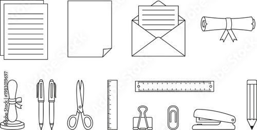 Vector illustration of office stationery items including paper, envelope, ruler, pen and scissors in design