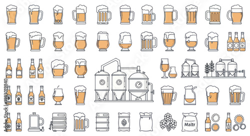 Beer Brewing Icons Collection: Craft Beverage Production and Drinkware Illustration