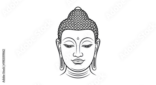 Black and white line art illustration of Buddha head with a serene and peaceful expression.