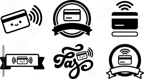 Black and white contactless payment card icons with ribbons and swirls vector art