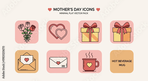 Mother's Day icons with flowers, hearts, gifts, and hot beverage mug on table