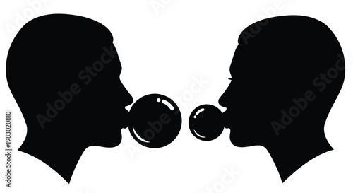 Two heads blowing bubbles facing each other on transparent background silhouette