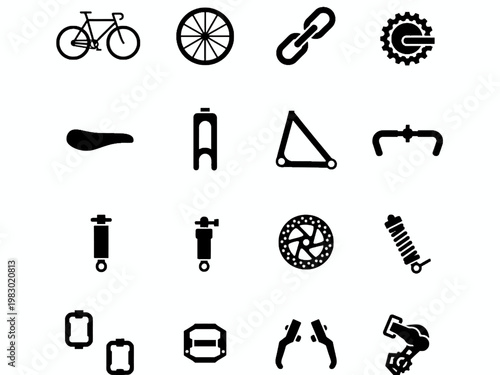 Bicycle spare parts and components icons set on white background