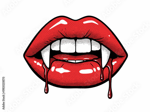 Vampire Lips with Fangs and Dripping Blood Pop Art Illustration