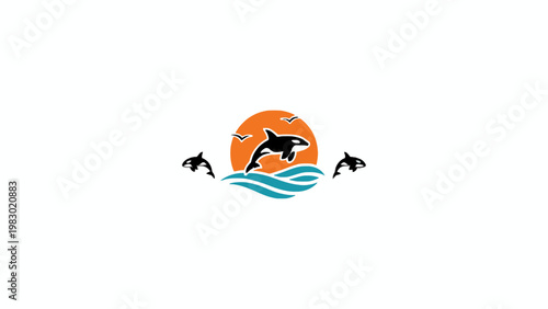 Orca Whale Jumping Over Ocean Waves and Sun Vector Logo