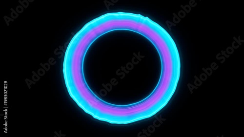 Glowing neon ring on black background, abstract circular frame with cyan and purple light, futuristic glowing circle halo design concept for clean SEO friendly upload