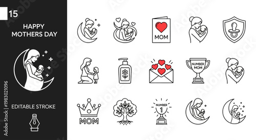 Happy Mother's Day icons illustrate family love and gifts with mom, crown, heart, and child