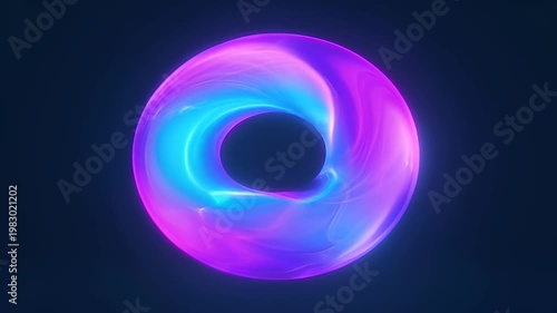 Abstract neon ring glowing loop dark blue background with purple blue gradient, luminous circular digital art and futuristic smooth surface, vibrant pink cyan magenta light, centered composition with