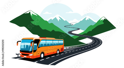 Orange tour bus driving on winding mountain road, scenic landscape, travel concept