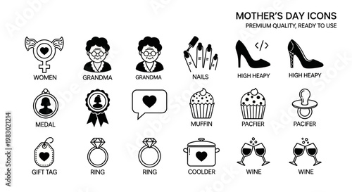 Mother's Day celebration icons featuring women, grandmother, unborn child, nails, and gifts