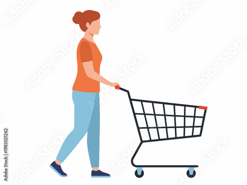 Woman pushing empty shopping cart isolated on white background