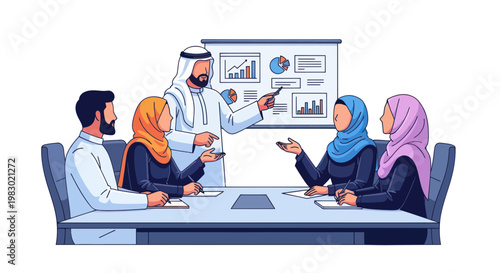 Middle Eastern business team in a meeting, presenting charts on whiteboard