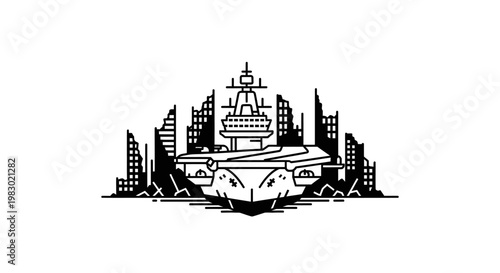 Aircraft Carrier in Ruined Cityscape Silhouette, Post-Apocalyptic Military Concept