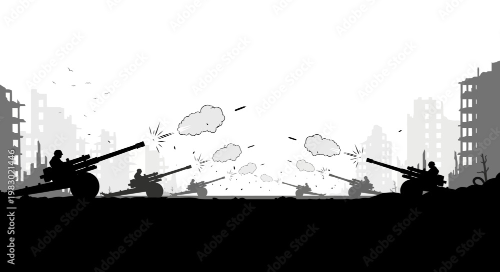 Obraz premium Artillery Battle Silhouette: Destroyed Cityscape, War Conflict, Military Action, Smoke, Explosions