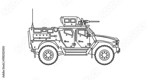 Armored Military Vehicle with Machine Gun Turret - Line Art Illustration