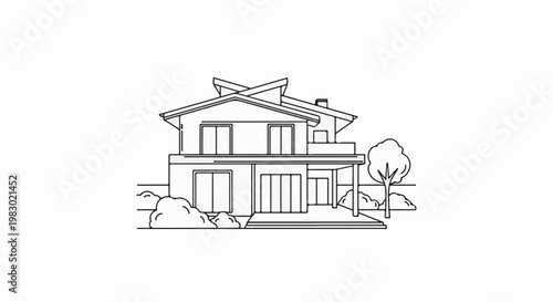 A simple line drawing depicts a modern two-story house with a large deck and garden