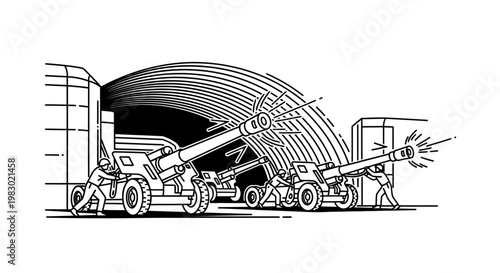 Artillery guns firing from a bunker, military operation, warfare, army, defense, combat