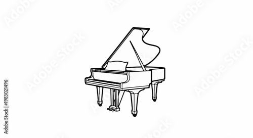 Detailed line art illustration of a grand piano with its lid open