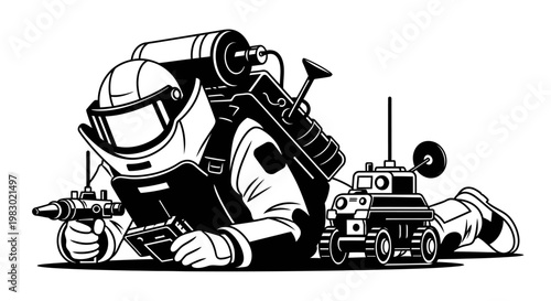 Astronaut Explorer with Rover and Drone on Alien Planet Surface