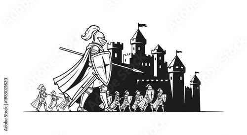 Brave Knight Leading Army Towards Castle, Fantasy Medieval Battle Scene