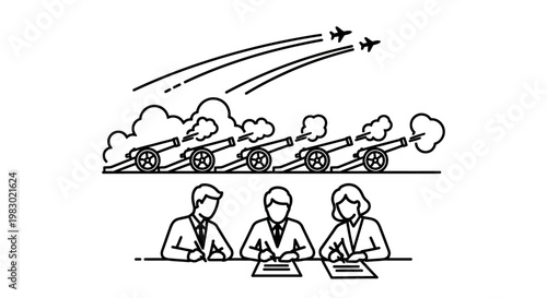 Business meeting under threat of military conflict, cannons and jets flying overhead