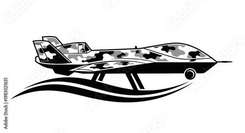 Camouflaged Drone Aircraft on Stand with Abstract Waves Below - Vector Illustration