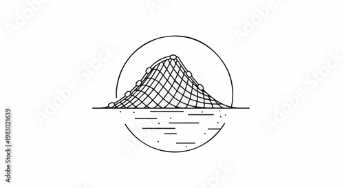 A stylized fishing net with floats is suspended over a body of water