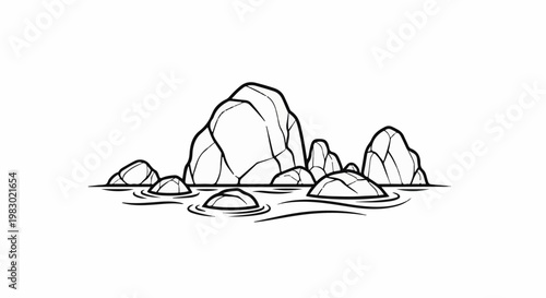 A stylized illustration depicts a cluster of rocks emerging from rippling water