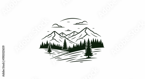 Stylized circular mountain range with evergreen forest and abstract clouds