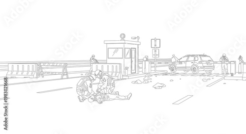 Car Crash Scene with Emergency Responders at Toll Booth