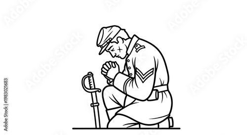 Civil War Soldier Praying on Knees with Sword, Vintage Illustration