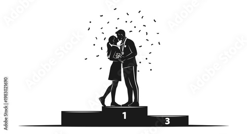 Couple celebrating on winner's podium with confetti, kissing and holding trophy