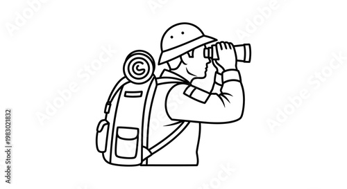 Explorer with Binoculars and Backpack Looking into Distance